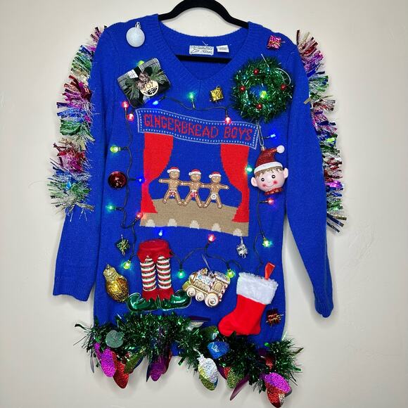Ugly Christmas Sweater Tunic Naughty Gingerbread Boys LIGHTS UP Size Medium - Picture 1 of 6